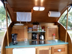 The teardrop's kitchen.  They removed the cooktop for extra counter space and now use a camp stove on the picnic table.