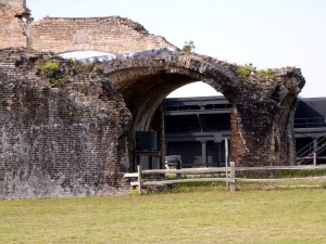 Damage from the gunpowder explosion.  The black building inside is the later "Fort within a fort."